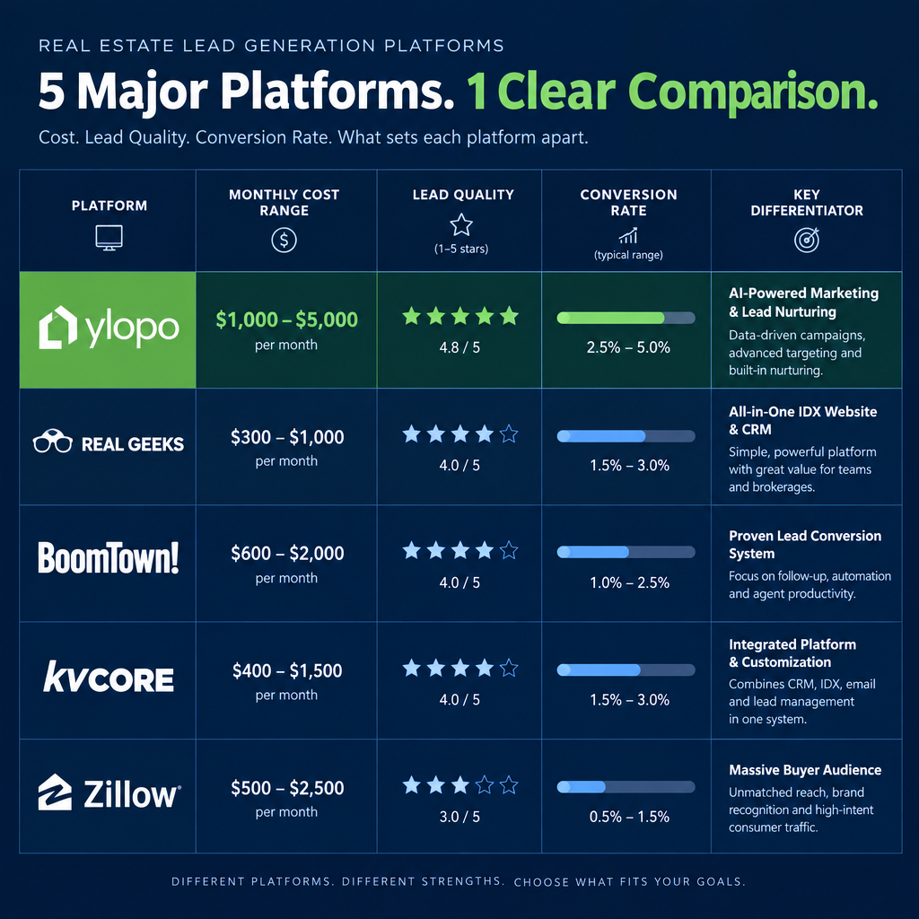 Comparison matrix showing 5 platforms with columns for cost, lead quality, and conversion rate