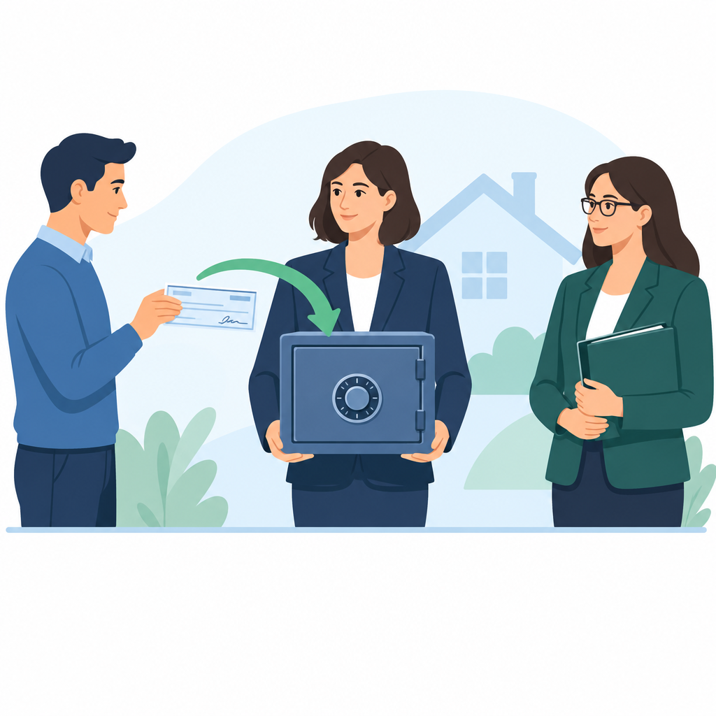 Illustration showing earnest money deposit process with buyer, escrow agent, and seller
