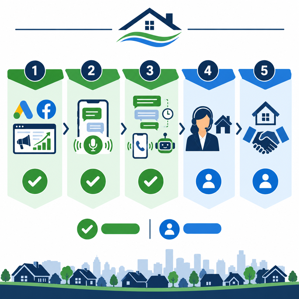 Infographic showing which stages of the lead lifecycle are automated by AI versus requiring human agent effort