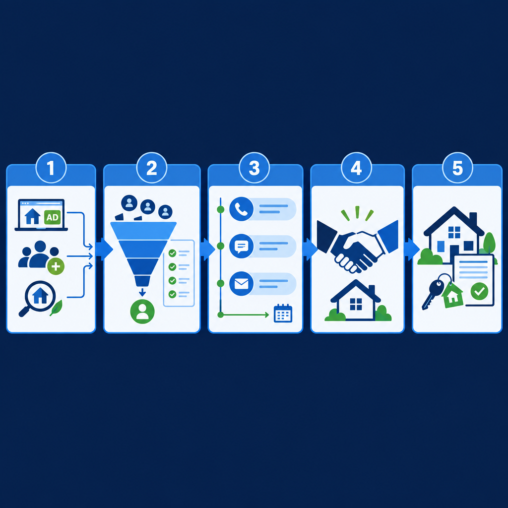 Professional flowchart showing the 5-stage real estate lead lifecycle from capture through close