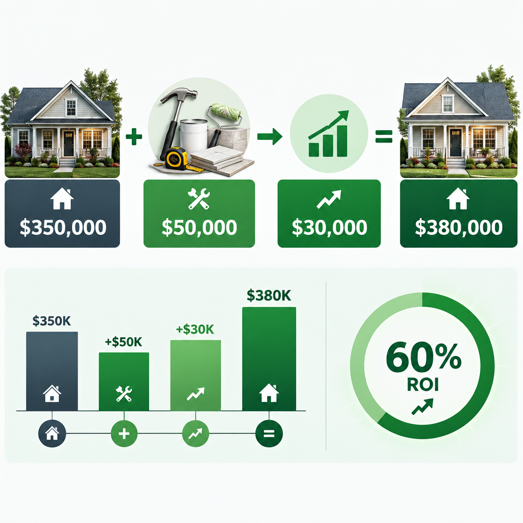 Financial visualization showing accretion ROI example with property value increase